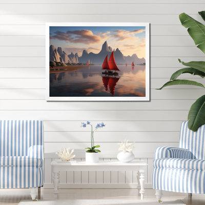 Voilier rouge naviguant dans un coucher de soleil arctique sur toile