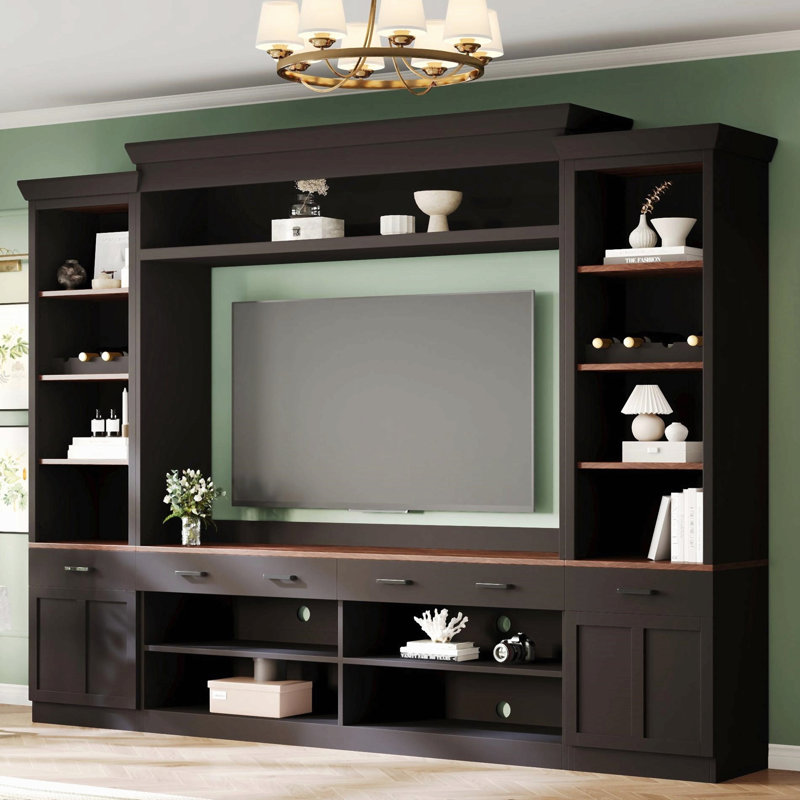 Farmhouse 4-Piece Entertainment Center With Bookshelf For Tvs, Walnut Tv Stand With Adjustable Shelves, Mid-Century Media Console With Wine Rack For Living Room