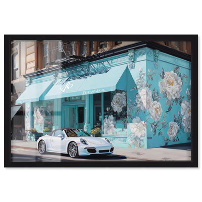 Art mural glamour clair avec pivoines bleu clair devant Art Store, cadre noir, 55 x 37