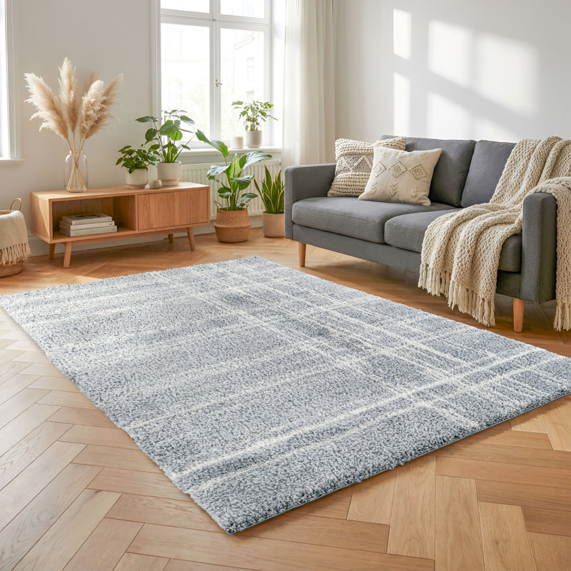 Nordic Blue & Gray Striped Shag Modern Rug, Blue/Gray, 4'10" x 8'0"