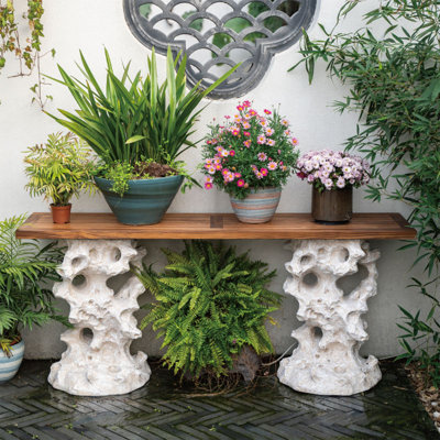 Outdoor solid wood flower rack bonsai shelf by Sleek Surface Designs