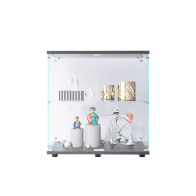 2 Layer Glass Display Cabinet With 2 Doors, Curio Cabinets, Glass Display Cabinet Showcase Countertop With Lock, Tempered Glass With MDF Base