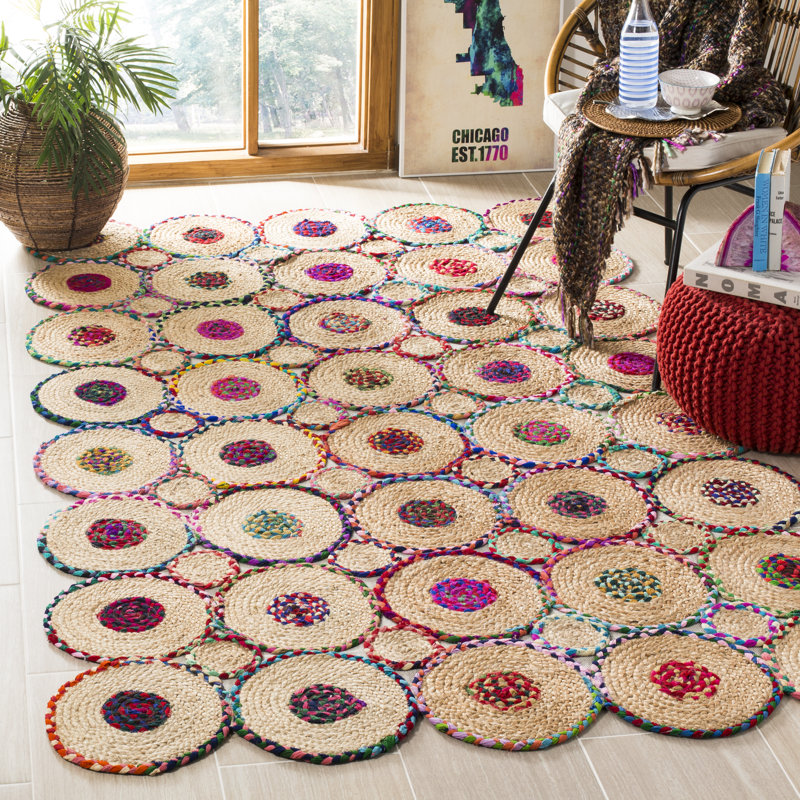 Doleman Hand Woven 70 Jute 30 Recycled Denim Fabric( Denim) Geometric Rug in Red/Natural, Rectangle 6' x 9'