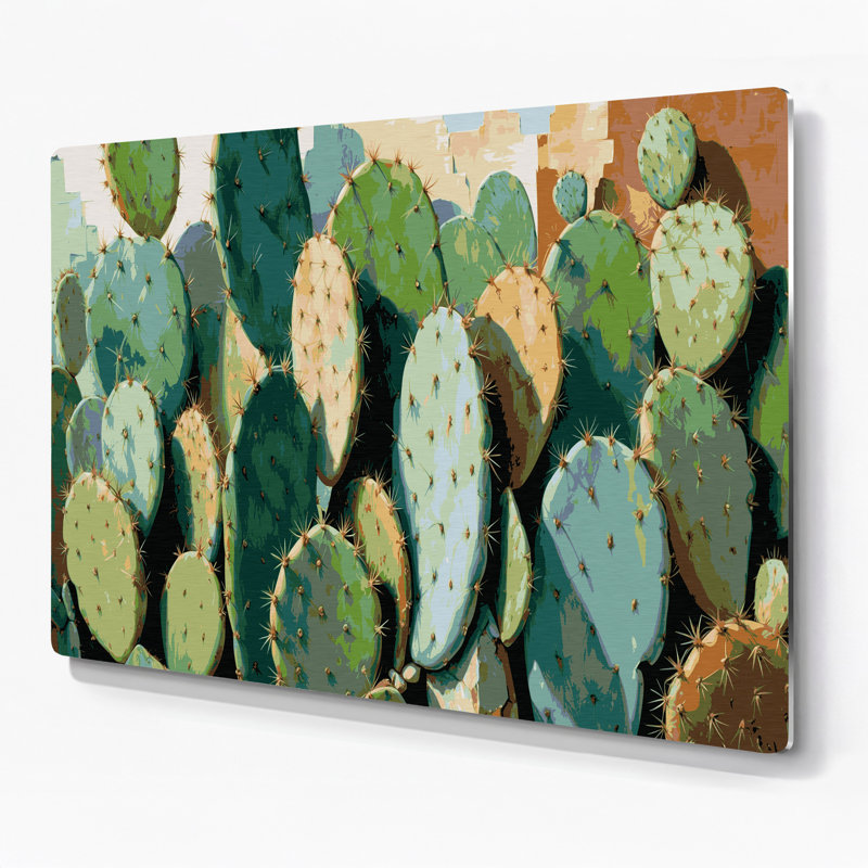 Botanical Prickly Pear Cactus Green Metal Wall Art, 132" H x 168" W x 0.05" D