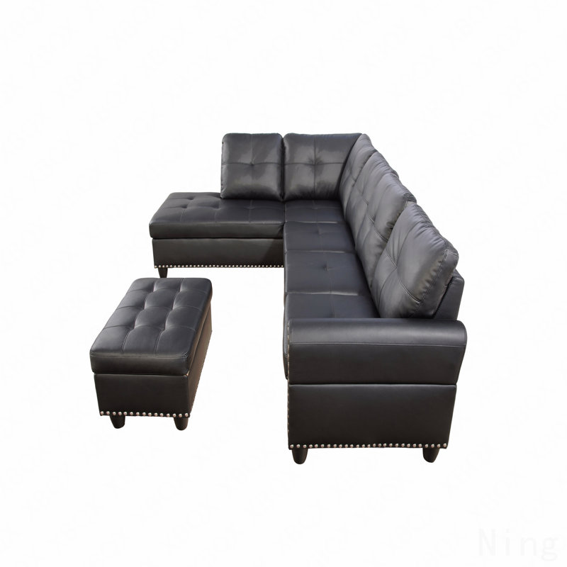 Canapé modulaire en faux cuir noir avec rangement et porte-gobelets