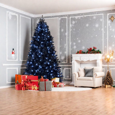 Ft Black Christmas Tree With White Led Lights, Modern Design, Metal Stand, Perfect For Halloween & Holiday Decor