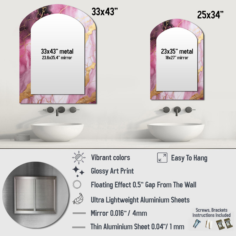 Pink and gold Marble Essence III - Marble Arch Wall Mirror, Modern Asymmetrical Decorative Mirror, Printed Metal Art