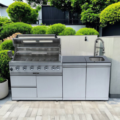 S00024 NG 43 pouces 6 brûleurs 85 000 BTU Cuisine de luxe au gaz en acier inoxydable Barbecue en îlot Barbecue + Rôtisserie + Comptoirs en granit Armoires de rangement et tiroirs en acier inoxydable