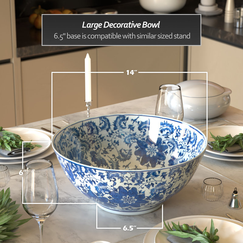 14" Satsuma Ladies & Peacock Porcelain Bowl, Blue Floral