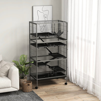 63" 6 Ferret & Chinchilla Cage From - With , 6 Doors, Removable Spoiled Tray, Strong Steel Wire, Rolling, Gray Small Pet For Ferrets Chinchillas, Gray, Cleanable Heavy-Duty Wire