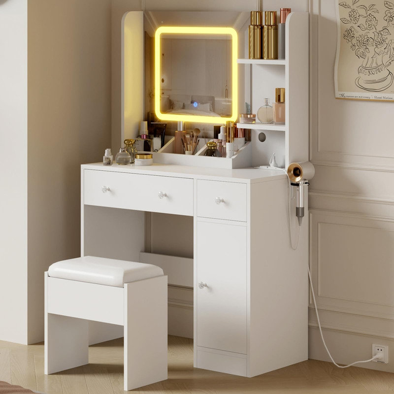 Modern LED Vanity Desk with Mirror, 3 Lighting Modes, Charging Station, 3 Drawers, Open Shelves, Compact Makeup Dressing Table Set with Stool
