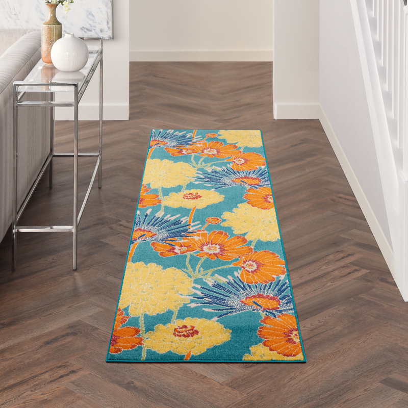 Tapis traditionnel turquoise Lakenya, Tapis de couloir 2 pi 3 po x 7 pi 6 po