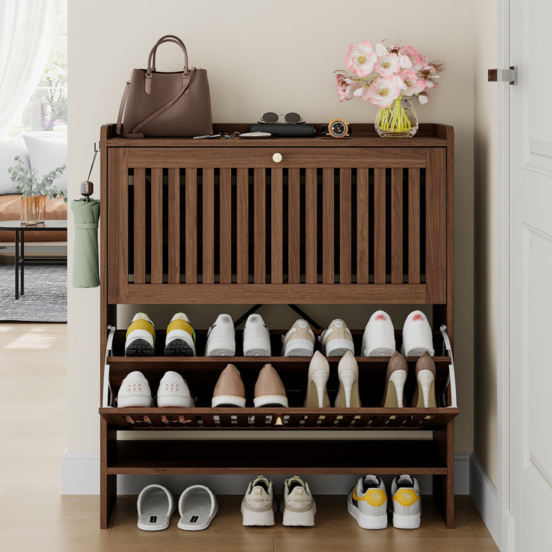 16 Pair Shoe Storage Cabinet With 2 Flip Drawers And Adjustable Shelves, Brown Wood