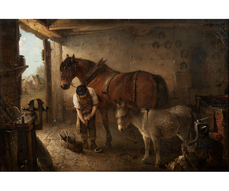 «A Farrier Shoeing a Plow Horse» par Edward Robert Smythe - Art mural sur toile tendue avec châssis