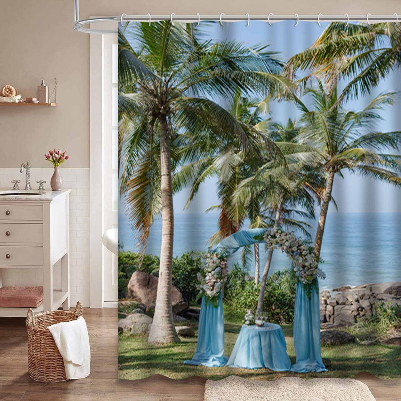 Fleurs, plage, cocotier, océan, ciel bleu, panoramique, avec 12 crochets, L 72 po x l 84 po