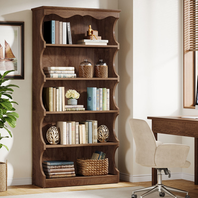 70" Tall 5-tier Bookcase With Curved Edges, Vintage Wood, Brown