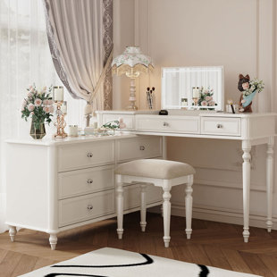 Coiffeuse en L 90,55 po de style crème avec miroir de coiffeuse