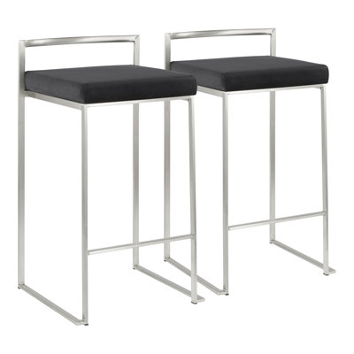 Tabouret de comptoir contemporain empilable en acier inoxydable avec coussin en velours noir par - ensemble de 2