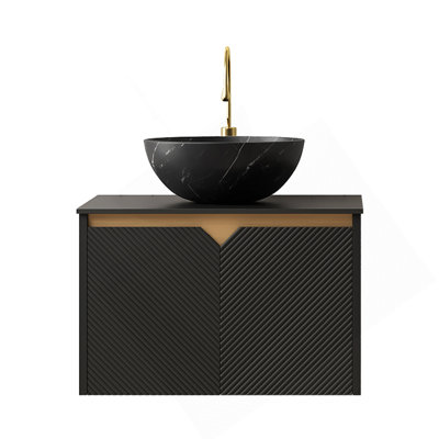 Meuble-lavabo de salle de bain 24 po RUBEN, armoire de rangement flottante murale en contreplaqué, portes doubles en sergé avec garniture en métal, vasque en céramique noire avec motif en pierre et plateau en pierre frittée noire, noir