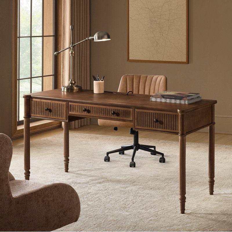 Hoai 60''W Transitional Fluted Simple Assembly Desk With Charging Station And Cable Management, Walnut