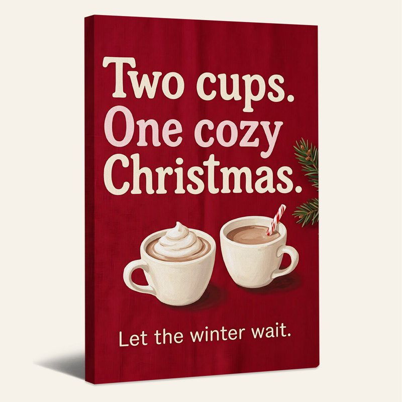 "Deux tasses de chocolat chaud et branches de pin sur toile de Noël", H 18 po x l 12 po