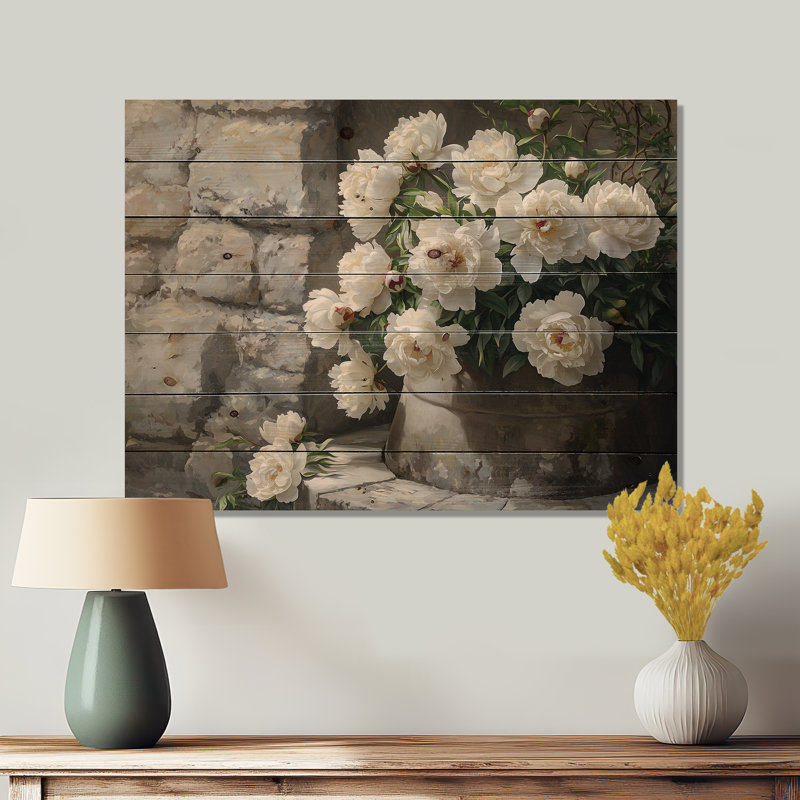 Peonies Near The Farm Well II - Peonies Wood Wall Decor - On Natural Pine Wood, 30" H x 40" W x 0.78" D