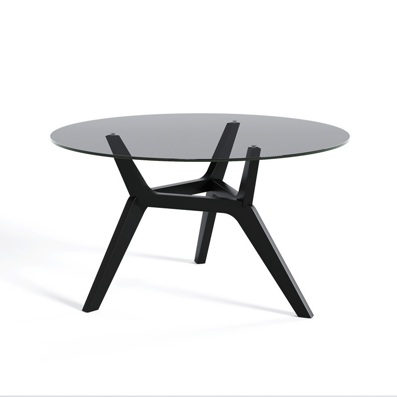 Round Coffee Table with Solid Wood Legs, Minimalist Tempered Glass Table, Black