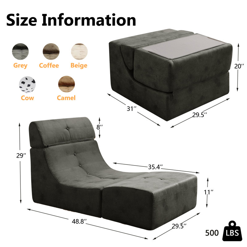 Armless Bean Bag Chair & Lounger Fireside Chair, Mid Century Foam Chair, Gray Fabric