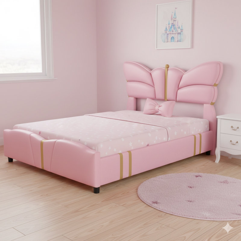 Queen Size Upholstered PU Leather Bed Frame, With Butterfly Shaped Headboard And Footboard, Platform Bed Frame With Gold Metal Decorations, No Box Spring Needed, Light Pink