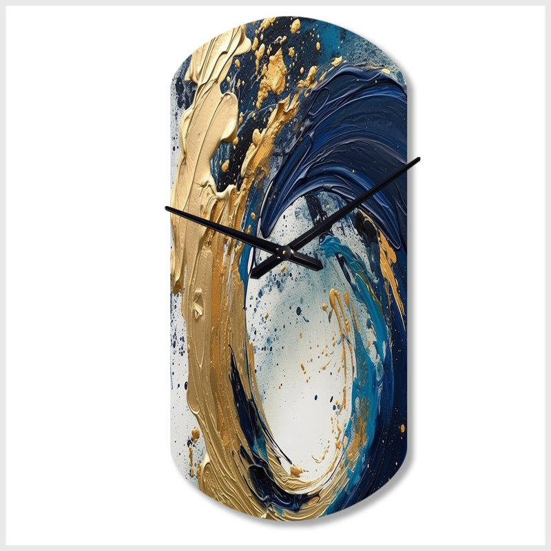 Bleu foncé et or coups VI - horloge murale asymétrique abstraite, cylindre bleu, Grand