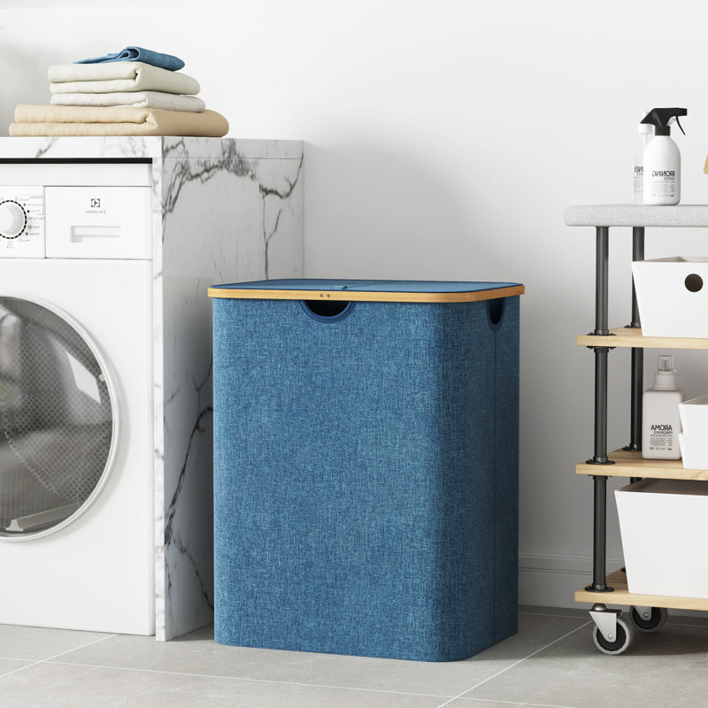 Panier à linge 120l avec couvercle, paniers à linge avec poignées en bambou et sac à linge amovible, grand panier à linge pliable pour chambre à coucher, salle de bain, dortoir, buanderie, bleu foncé