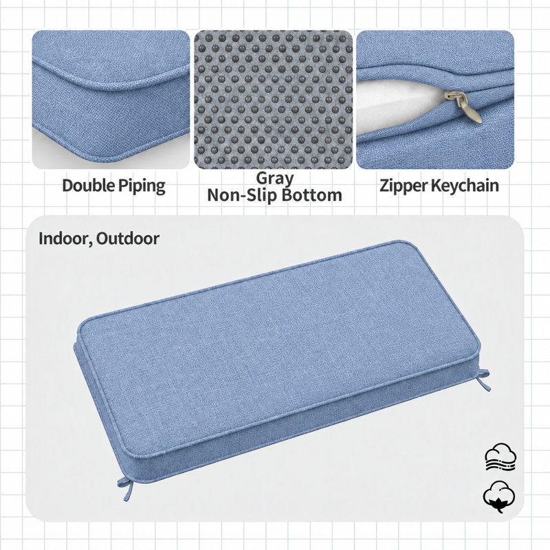 Coussin de banquette antidérapant sur mesure de 7,6 cm de hauteur avec double passepoil et 2 attaches pour sièges près des fenêtres
