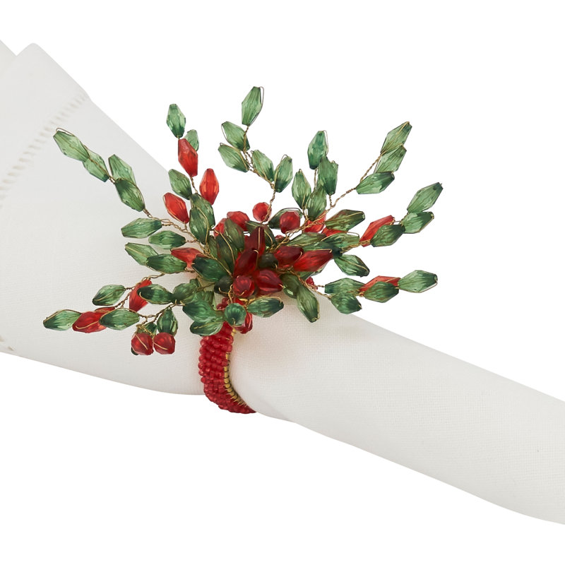 Rond de serviette fleur perlée, Rouge / vert
