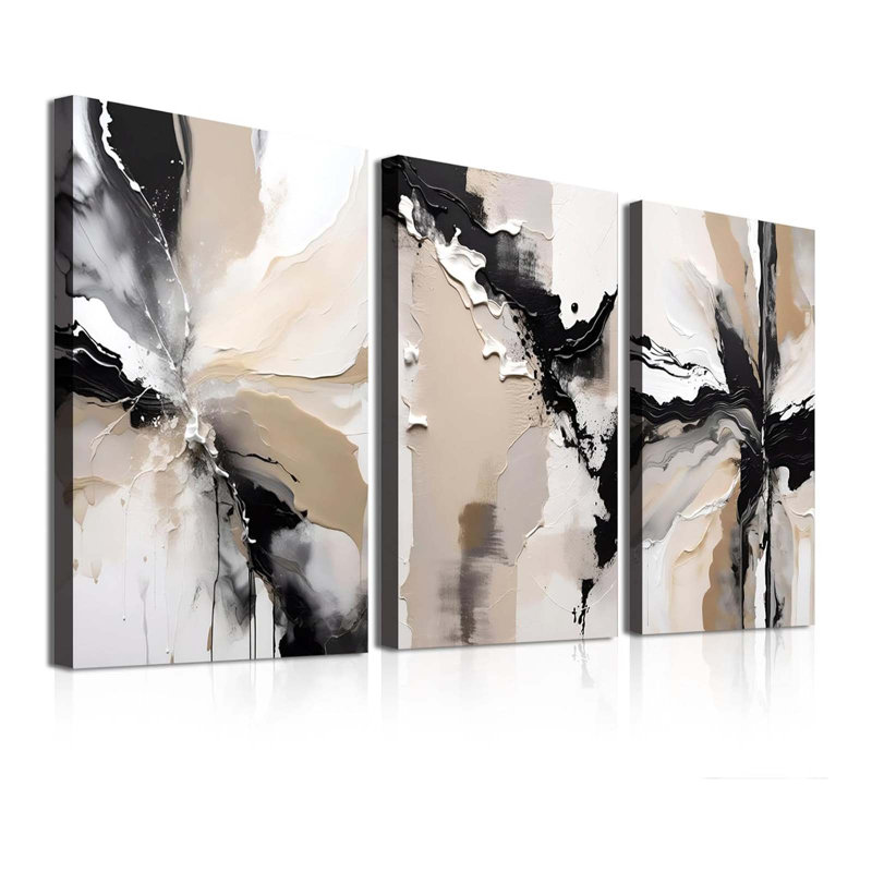3 Piece Black Beige Abstract Canvas Prints Pictures, Neutral Modern Paintings 40x60 cm