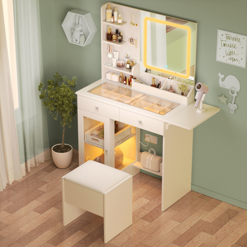 Petit ensemble de coiffeuse avec miroir à DEL, lumières et tabouret de rangement