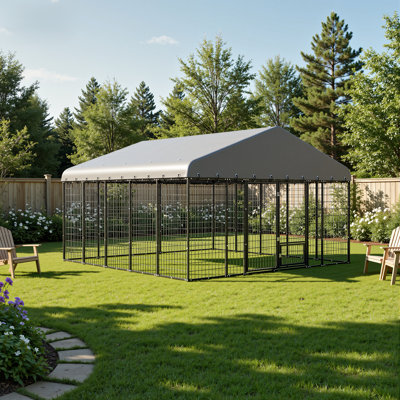 120" X 117" Outdoor Metal Dog Kennel And Chicken Run With UV-Resistant Roof, Heavy-Duty Foldable Panels, Secure Mesh Frame, Black