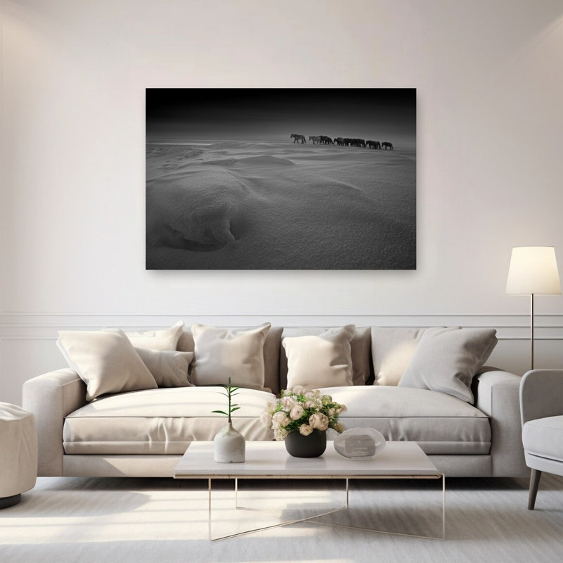 Chevaux sauvages, voyage hivernal minimaliste abstrait, paysage, impression d'art mural, H 40 po x l 60 po