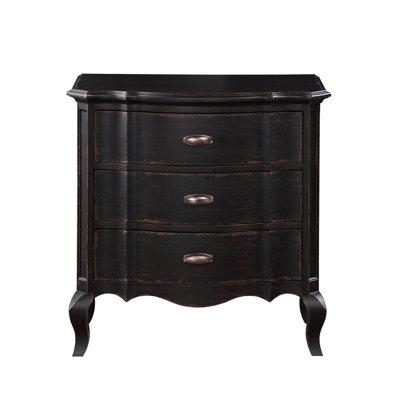 Table de chevet noire antique avec lit à panneaux, accents à boutons, glissières de tiroir en métal à trois tiroirs, pieds, largeur et hauteur de 30 pouces, tête de lit arquée, rectangulaire, coulisses, feutre