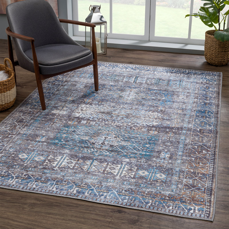 Washable Non-Slip Traditional Area Rug - Slate Gray / Blue Rug for Entryway, Hallway, Bathroom, and Kitchen - Fellers
