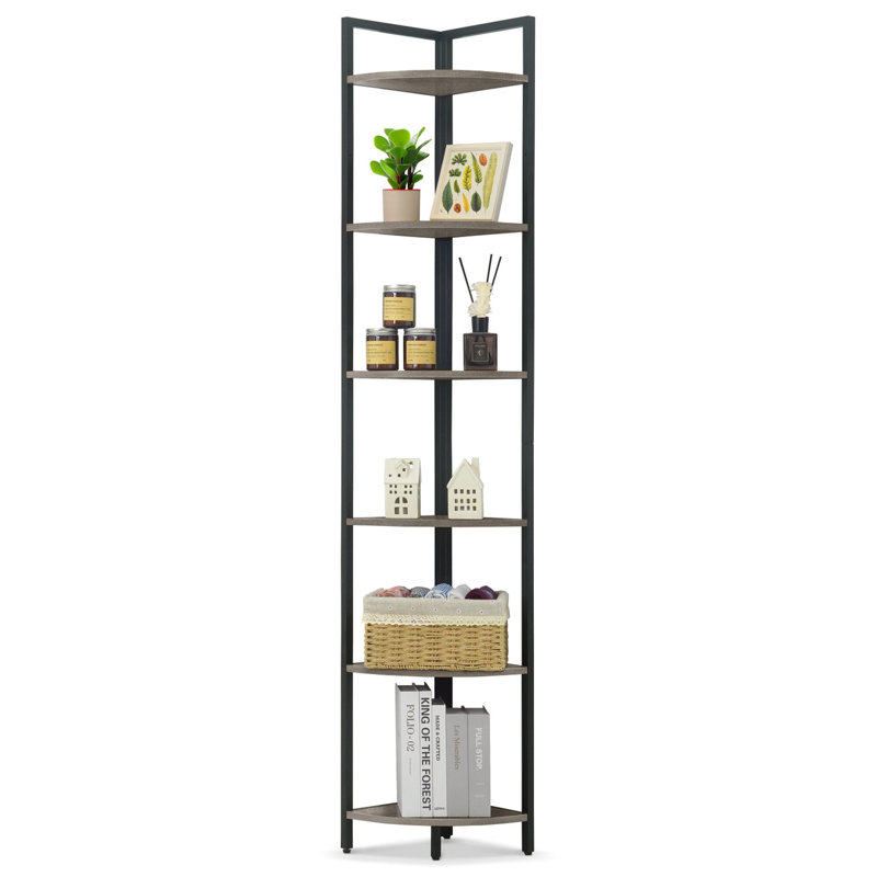 6 Tier Corner Shelf, 71.1-Inch Tall Bookshelf, Display Rack With Metal Frame, Round Shelf Unit, Stand for Bathroom, Living Room, Home, Office, Dark Gray