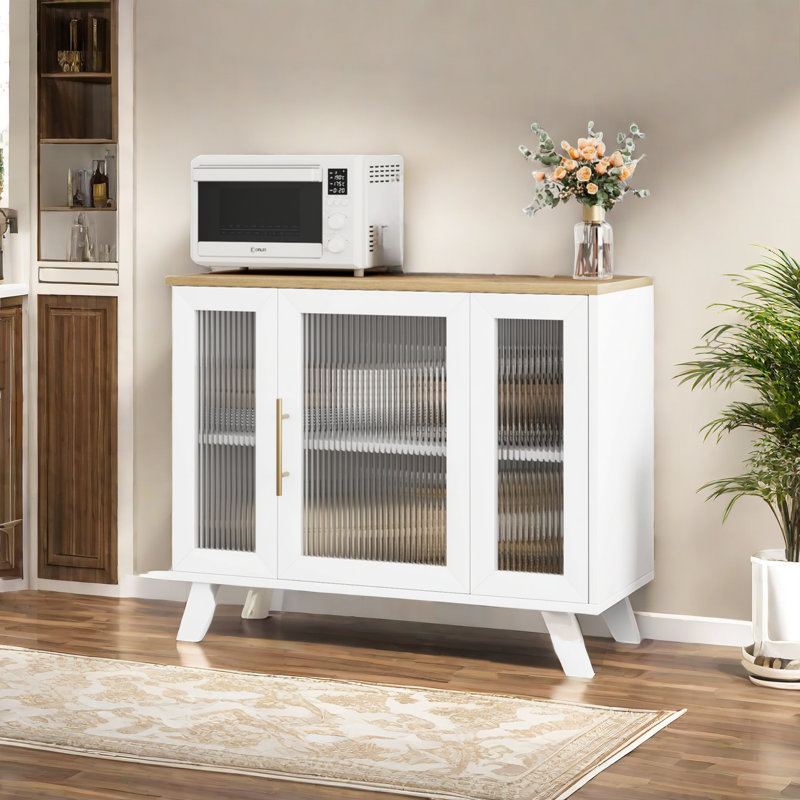 36" Sideboard Buffet Cabinet With Fluted Glass Door, Storage Cabinet With 2-tier Storage, Wood/White