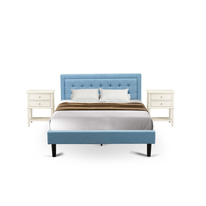 Ensemble de chambre à coucher 3 pièces en bois avec 1 cadre de lit queen et 2 tables de chevet modernes - Fabrication fiable et robuste - Tissu en lin bleu denim
