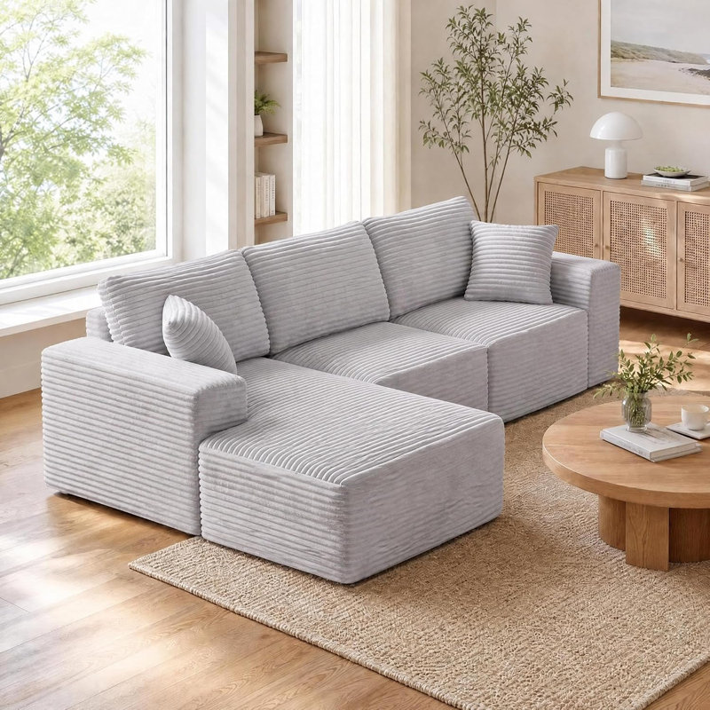 Canapé d'angle Cloud Couch avec 1 méridienne, 1 siège central, 1 siège latéral, rembourrage en mousse D30 à haute compression, revêtement en velours côtelé, gris