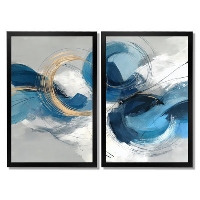 Abstract Swirl In Blue And White Tones - Line Art Framed Wall Art, Blue Minimalist Canvas Print 2 Piece
