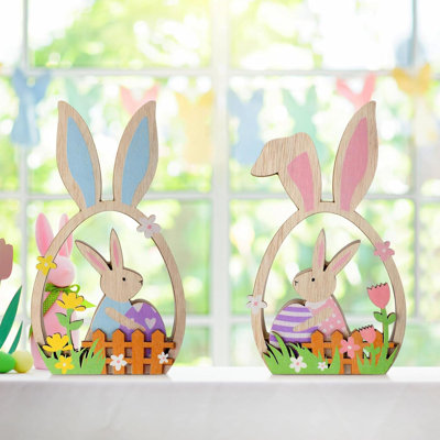 2 Pcs Easter Decorations For The Home Easter Wooden Table Decorations Farmhouse Rustic Wood Bunny With Egg Easter Tiered Tray For Spring Indoor Home Party Tabletop Decoration Gifts