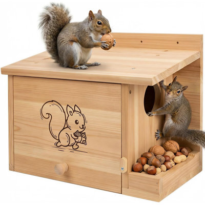 Anti Predator Nest Box with External Feeder, Carbonizedpine woodOutdoor Squirrel Shelter, 2 in 1 Backyard Wildlife Habitat for Tree or Fence Mount