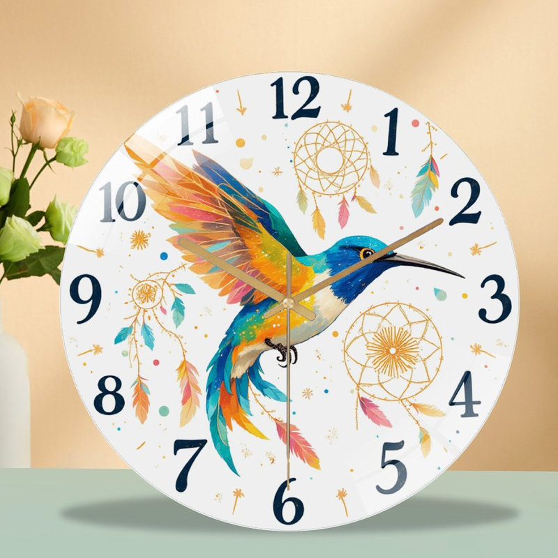 Horloge murale colorée Colibri avec attrape-rêves - Horloge murale moderne en verre 12 po
