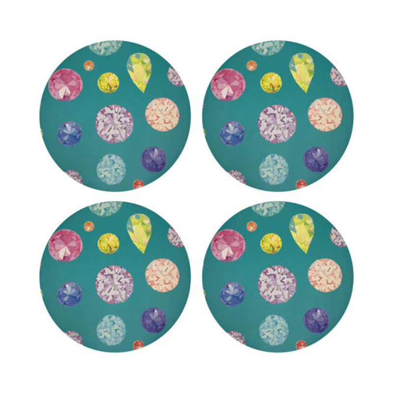 Jewel White Vegan Leather Round Coasters, Cyan