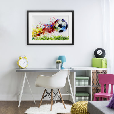 Aquarelle, ballon de soccer en mouvement, reproduction encadrée sous verre, design by Creative Studio
