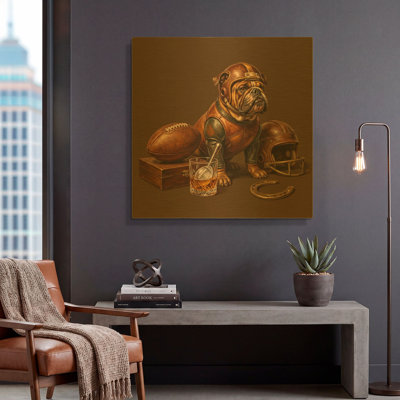«Game Day Bulldog 2» par Ann Klee, art mural en métal doré, 12 po x 12 po
